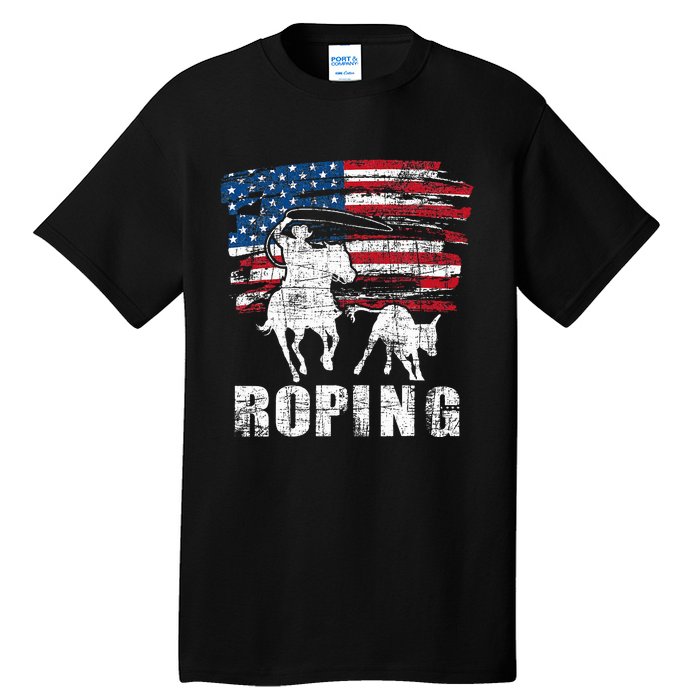 Team Roping Roper Usa American Flag Header Heeler Horse Tall T-Shirt