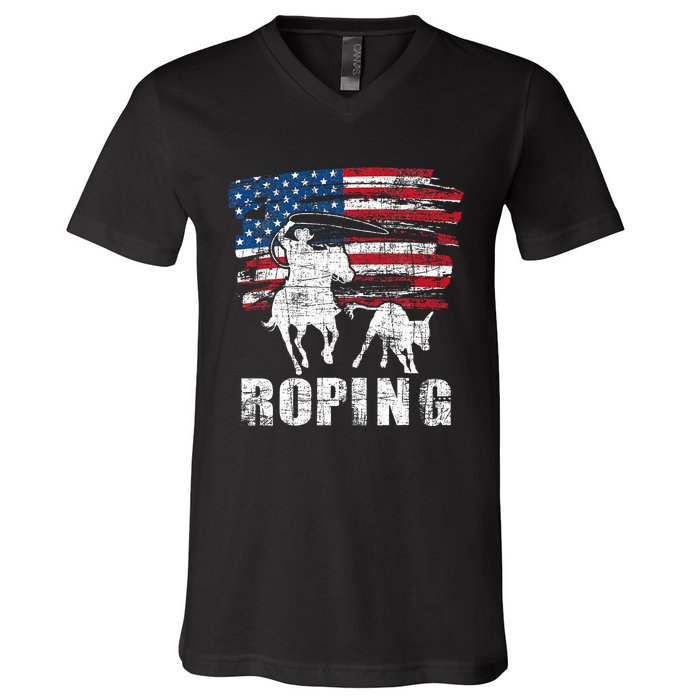 Team Roping Roper Usa American Flag Header Heeler Horse V-Neck T-Shirt