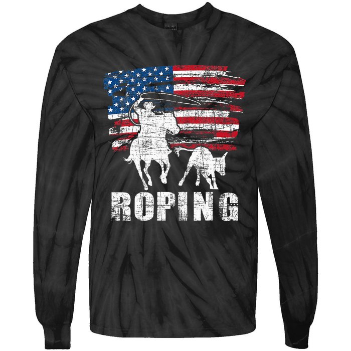 Team Roping Roper Usa American Flag Header Heeler Horse Tie-Dye Long Sleeve Shirt