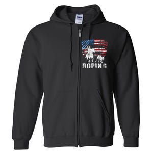 Team Roping Roper Usa American Flag Header Heeler Horse Full Zip Hoodie