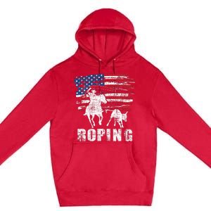 Team Roping Roper Usa American Flag Header Heeler Horse Premium Pullover Hoodie