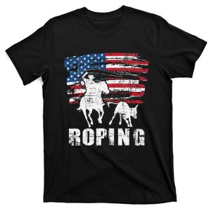 Team Roping Roper USA American Flag Header Heeler Horse T-Shirt