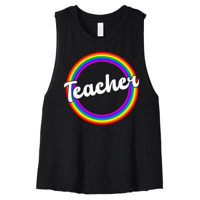 Teacher Rainbow Retro Gift For Teacher Women's Racerback Cropped Tank