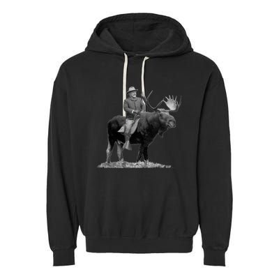 Teddy Roosevelt Riding A Bull Moose Garment-Dyed Fleece Hoodie