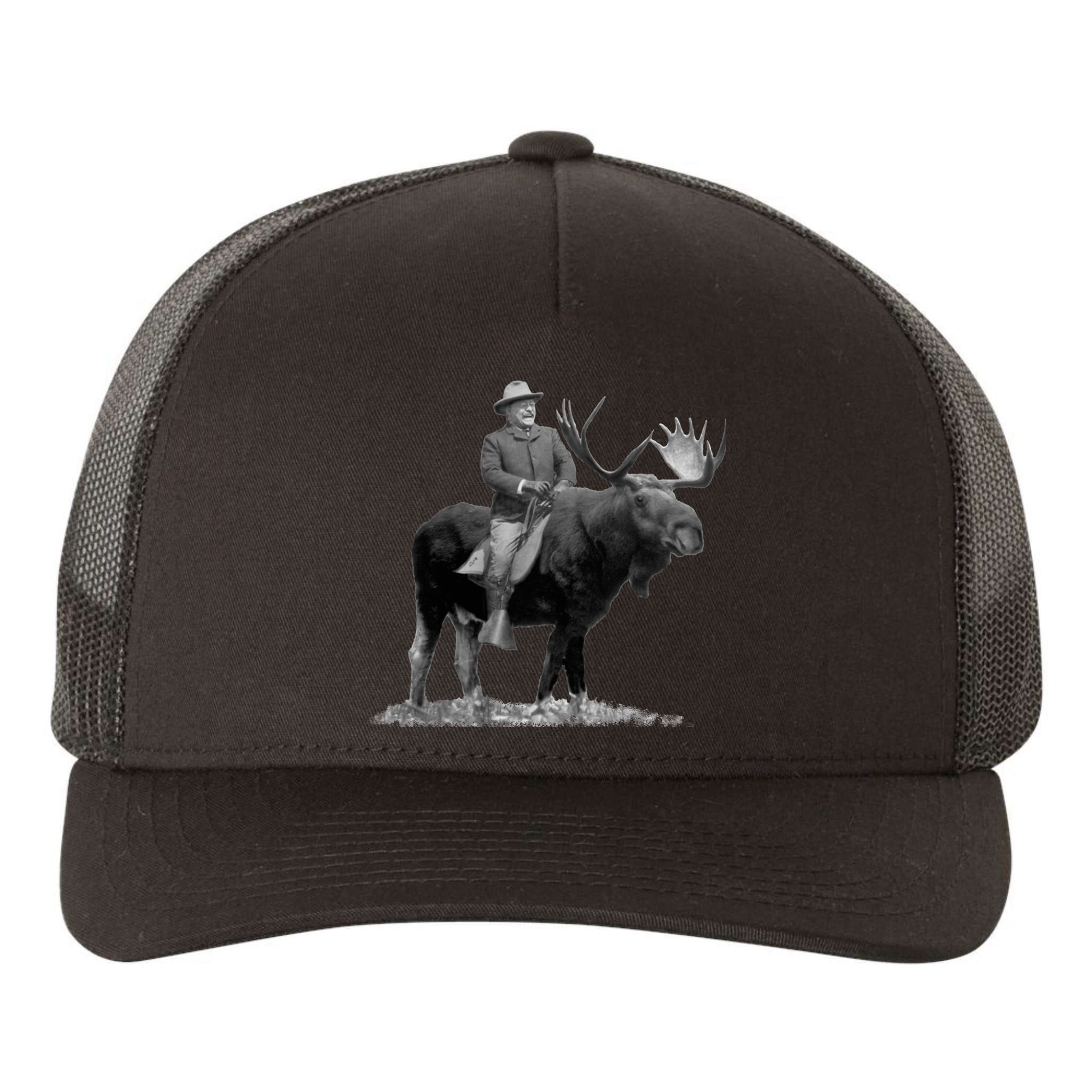 Teddy Roosevelt Riding A Bull Moose Yupoong Adult 5-Panel Trucker Hat