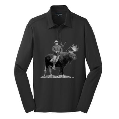 Teddy Roosevelt Riding A Bull Moose Silk Touch Performance Long Sleeve Polo