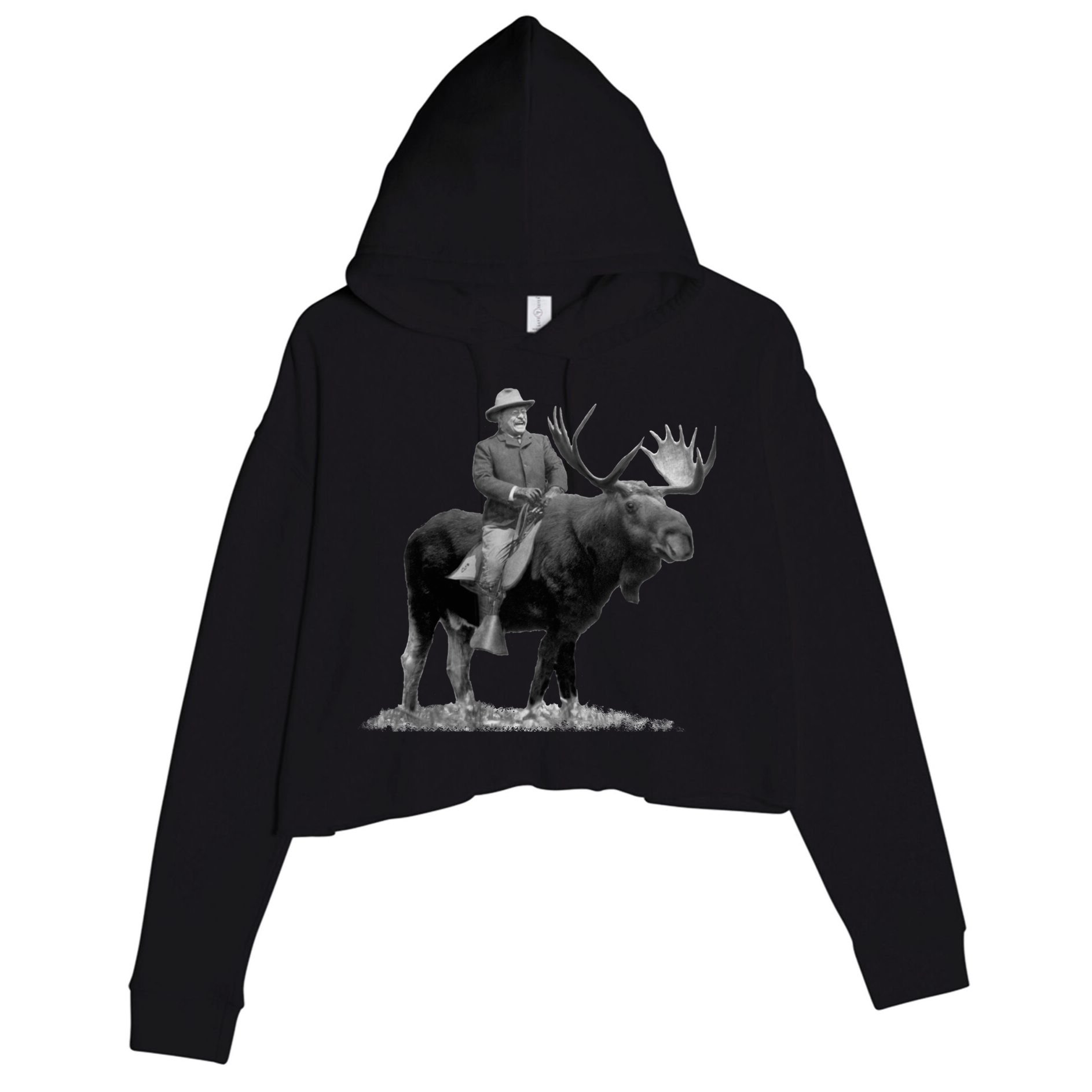 Teddy Roosevelt Riding A Bull Moose Crop Fleece Hoodie