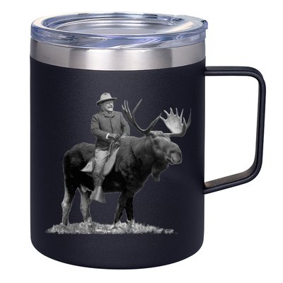 Teddy Roosevelt Riding A Bull Moose 12oz Stainless Steel Coffee Mug