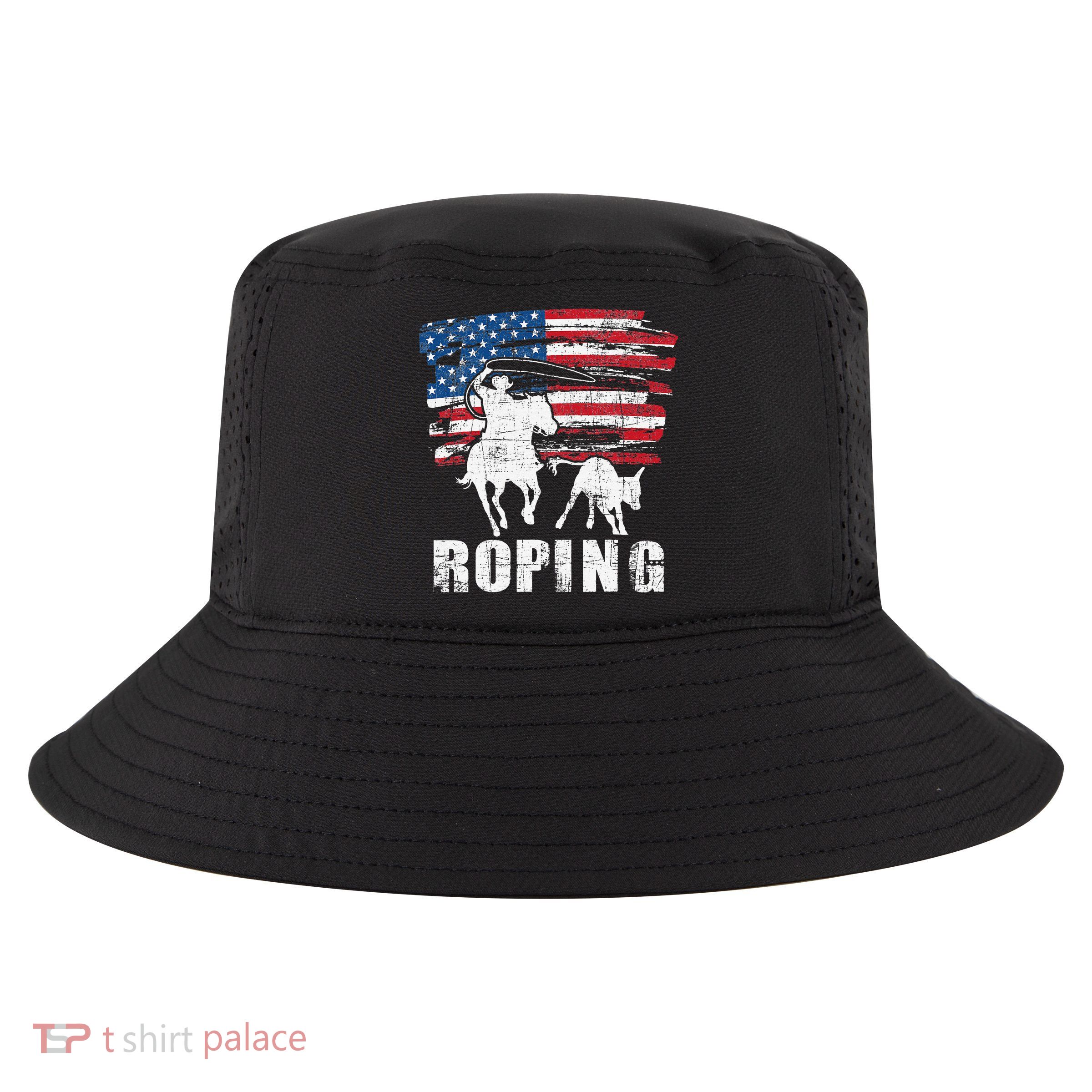 Team Roping Roper Usa American Flag Header Heeler Horse Cool Comfort Performance Bucket Hat