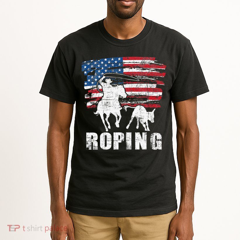 Team Roping Roper Usa American Flag Header Heeler Horse Tall T-Shirt