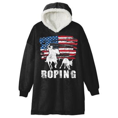 Team Roping Roper Usa American Flag Header Heeler Horse Hooded Wearable Blanket