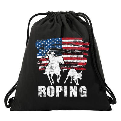 Team Roping Roper Usa American Flag Header Heeler Horse Drawstring Bag