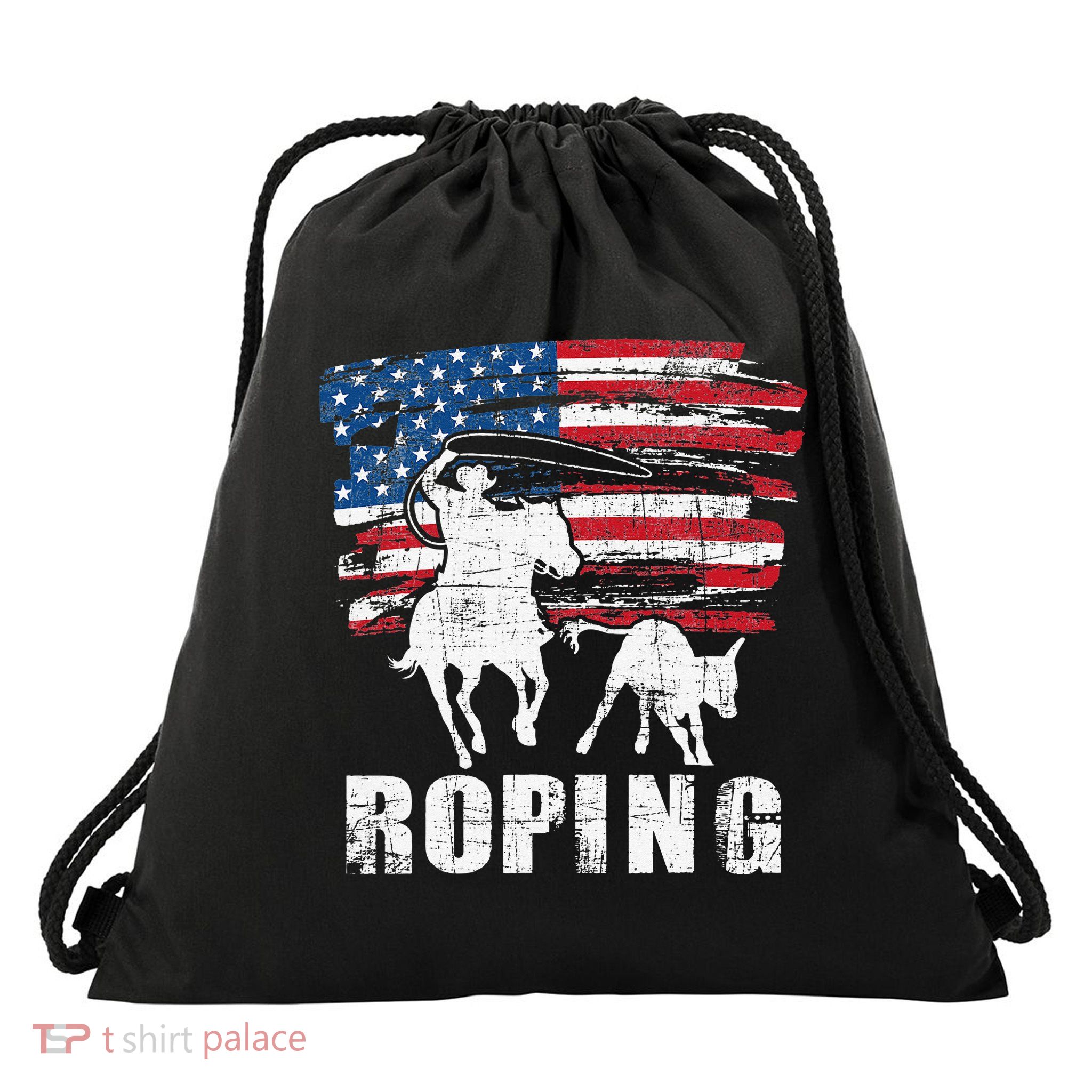 Team Roping Roper Usa American Flag Header Heeler Horse Drawstring Bag