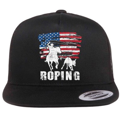 Team Roping Roper Usa American Flag Header Heeler Horse Flatbill Hat