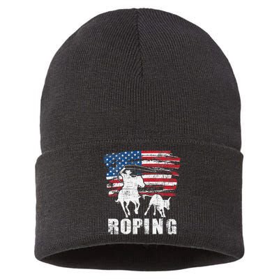 Team Roping Roper Usa American Flag Header Heeler Horse Sustainable Knit Beanie