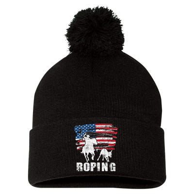 Team Roping Roper Usa American Flag Header Heeler Horse Pom Pom 12in Knit Beanie
