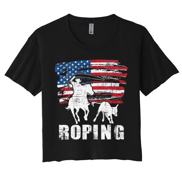 Team Roping Roper Usa American Flag Header Heeler Horse Crop Top