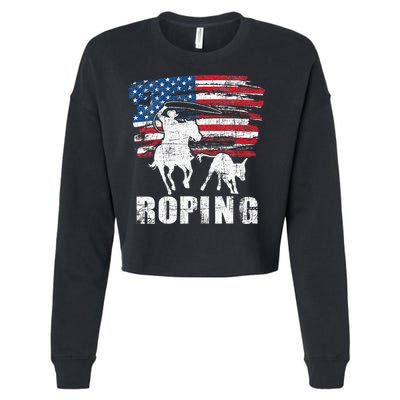 Team Roping Roper Usa American Flag Header Heeler Horse Cropped Pullover Crew