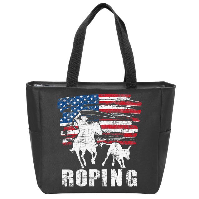 Team Roping Roper Usa American Flag Header Heeler Horse Zip Tote Bag