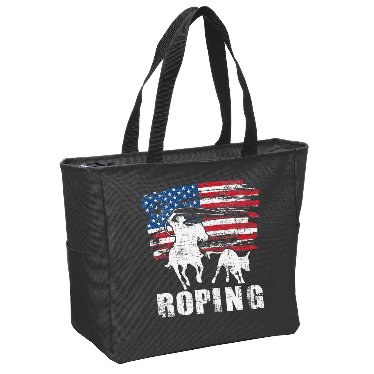 Team Roping Roper Usa American Flag Header Heeler Horse Zip Tote Bag