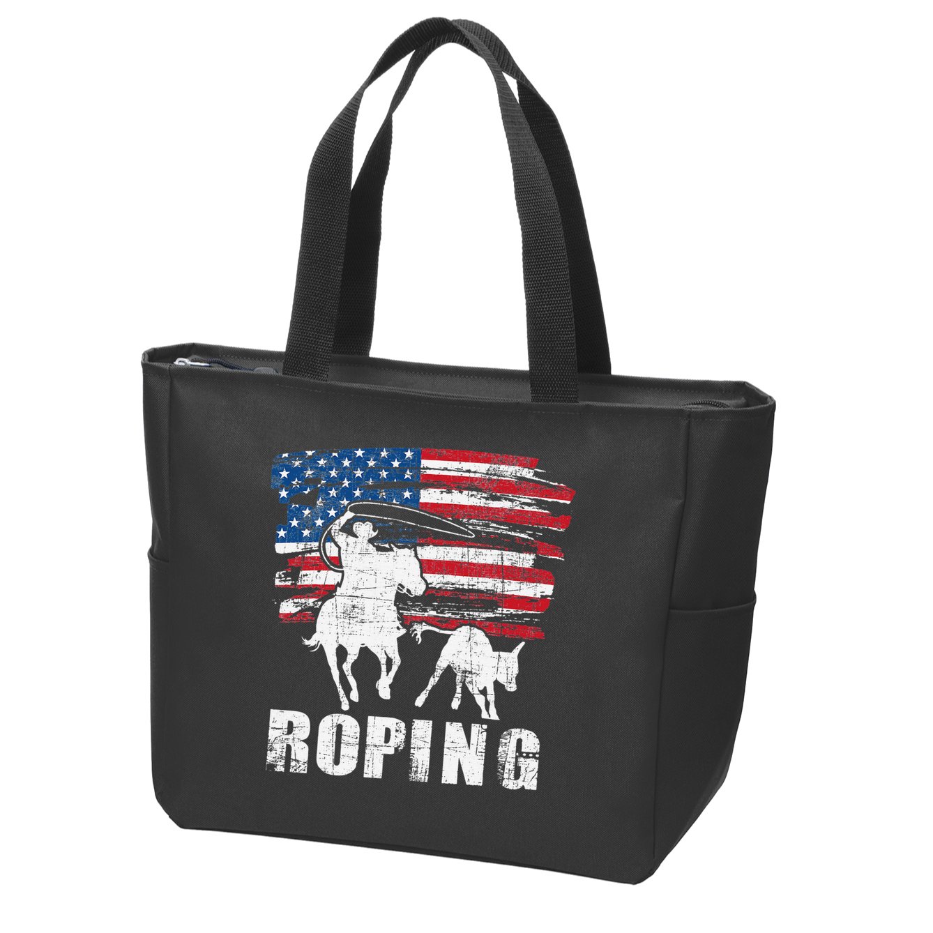 Team Roping Roper Usa American Flag Header Heeler Horse Zip Tote Bag
