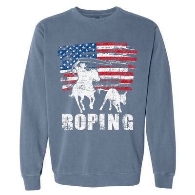 Team Roping Roper Usa American Flag Header Heeler Horse Garment-Dyed Sweatshirt