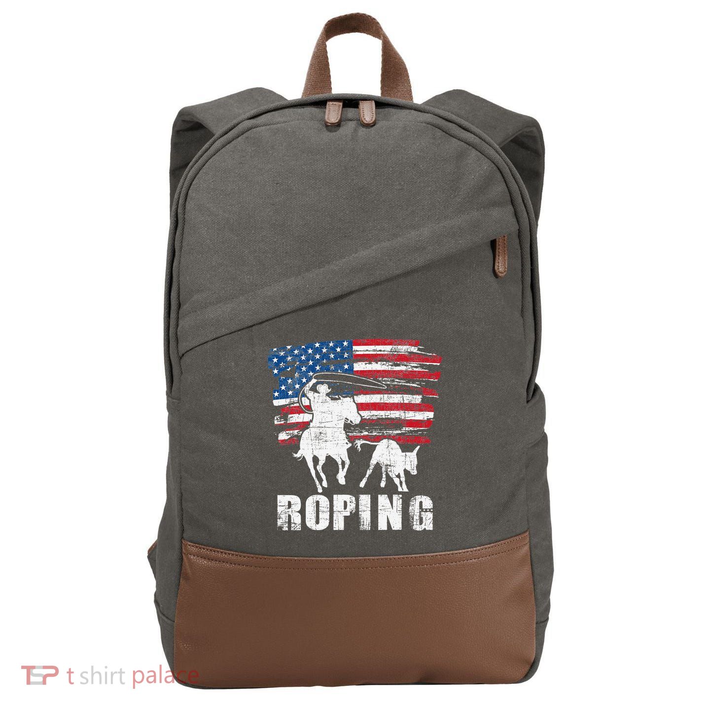Team Roping Roper Usa American Flag Header Heeler Horse Cotton Canvas Backpack