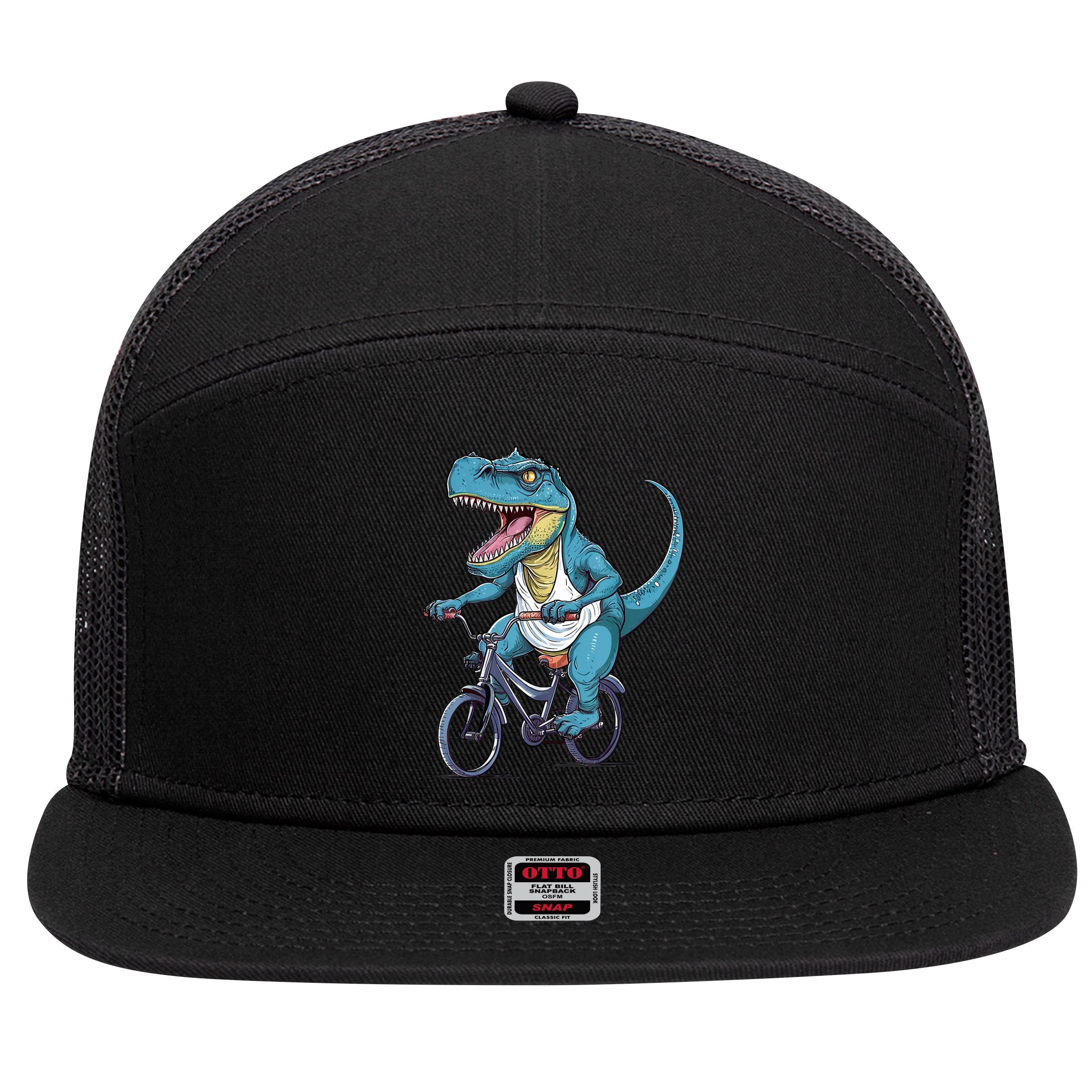 T Rex Riding Bike Funny Bicycle Rider Cycling Dinosaur 7 Panel Mesh Trucker Snapback Hat