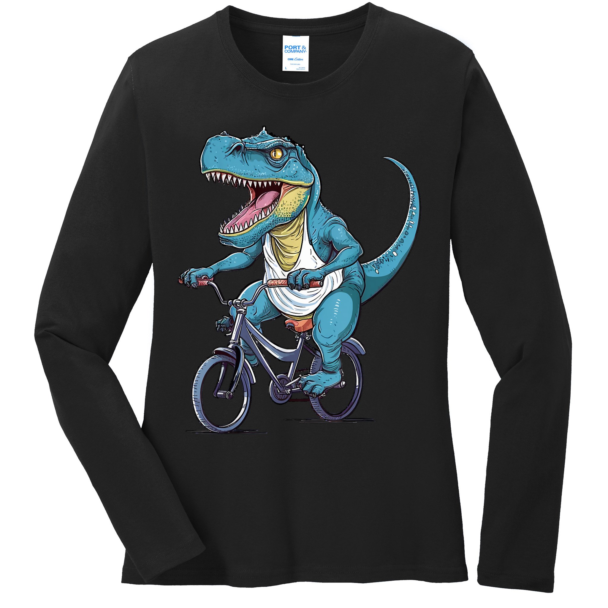 T Rex Riding Bike Funny Bicycle Rider Cycling Dinosaur Ladies Long Sleeve Shirt