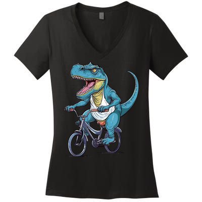 T Rex Riding Bike Funny Bicycle Rider Cycling Dinosaur Women's V-Neck T-Shirt