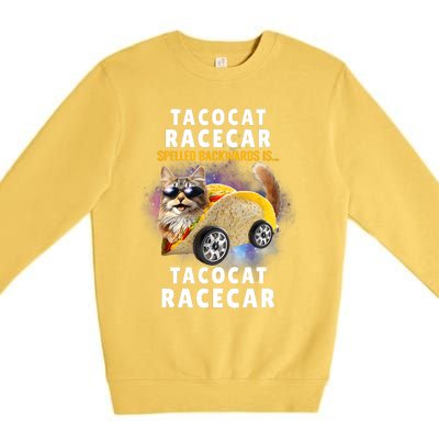 Tacocat Racecar Spelled Backwards Funny Mexican Car Taco Cat Premium Crewneck Sweatshirt