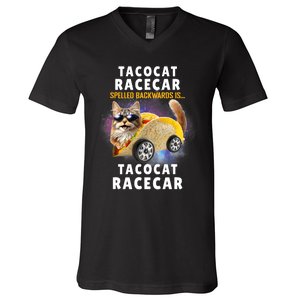 Tacocat Racecar Spelled Backwards Funny Mexican Car Taco Cat V-Neck T-Shirt