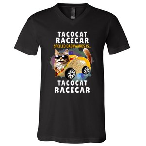 Tacocat Racecar Spelled Backwards Funny Mexican Car Taco Cat V-Neck T-Shirt