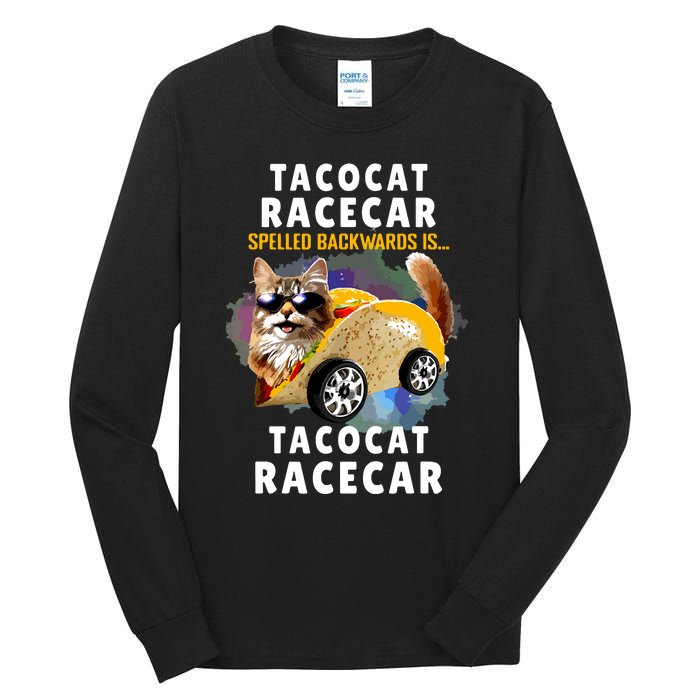 Tacocat Racecar Spelled Backwards Funny Mexican Car Taco Cat Tall Long Sleeve T-Shirt