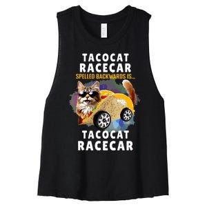 Tacocat Racecar Spelled Backwards Funny Mexican Car Taco Cat Women's Racerback Cropped Tank