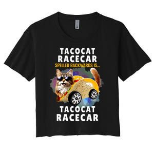 Tacocat Racecar Spelled Backwards Funny Mexican Car Taco Cat Women's Crop Top Tee