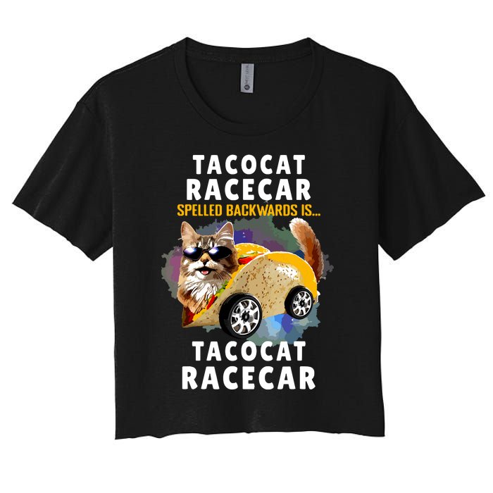 Tacocat Racecar Spelled Backwards Funny Mexican Car Taco Cat Women's Crop Top Tee