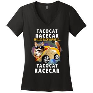 Tacocat Racecar Spelled Backwards Funny Mexican Car Taco Cat Women's V-Neck T-Shirt