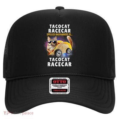 Tacocat Racecar Spelled Backwards Funny Mexican Car Taco Cat High Crown Mesh Back Trucker Hat