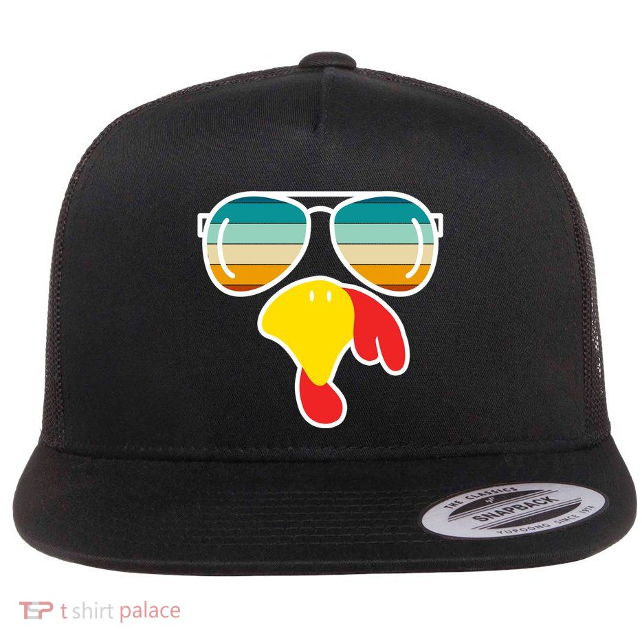 Turkey Retro Sunset Cool Thanksgiving Flat Bill Trucker Hat