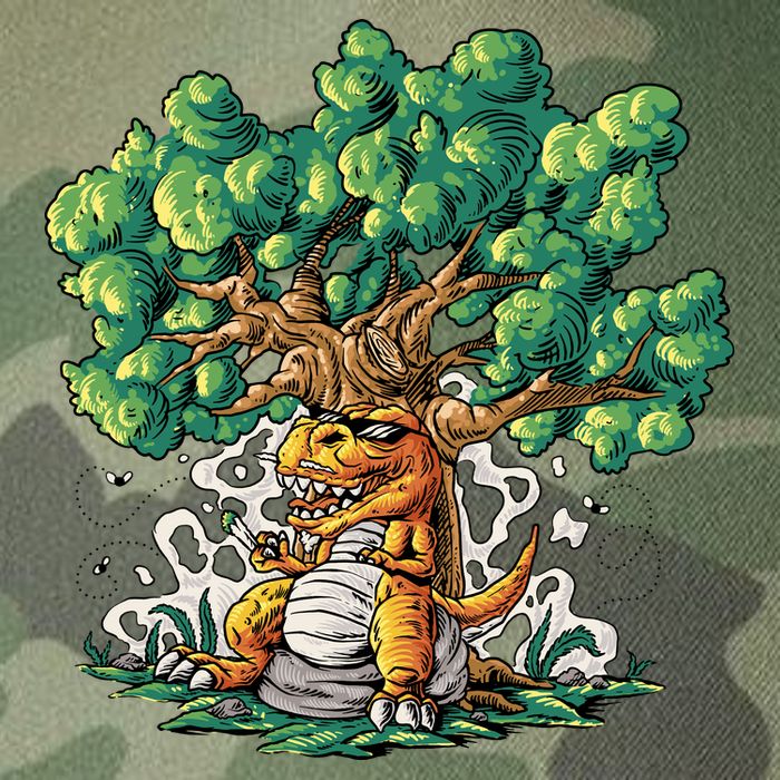 T Rex Smoking Joint Under A Tree Legacy Tie Dye Trucker Hat