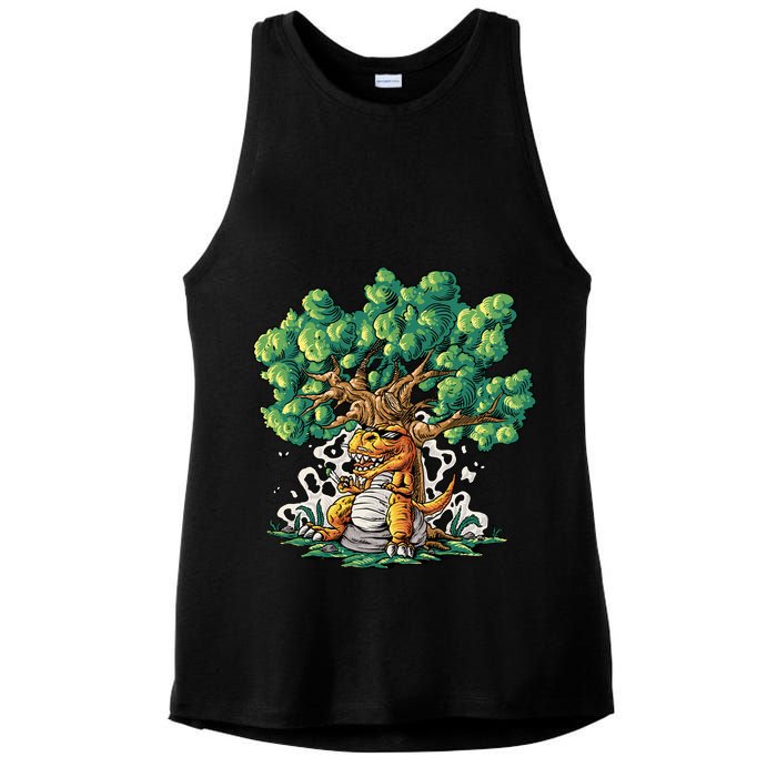 T Rex Smoking Joint Under A Tree Ladies PosiCharge Tri-Blend Wicking Tank