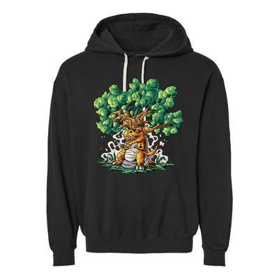 T Rex Smoking Joint Under A Tree Garment-Dyed Fleece Hoodie