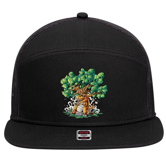 T Rex Smoking Joint Under A Tree 7 Panel Mesh Trucker Snapback Hat