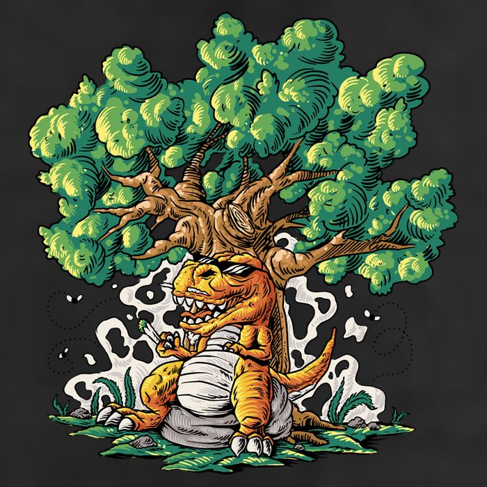T Rex Smoking Joint Under A Tree 7 Panel Mesh Trucker Snapback Hat
