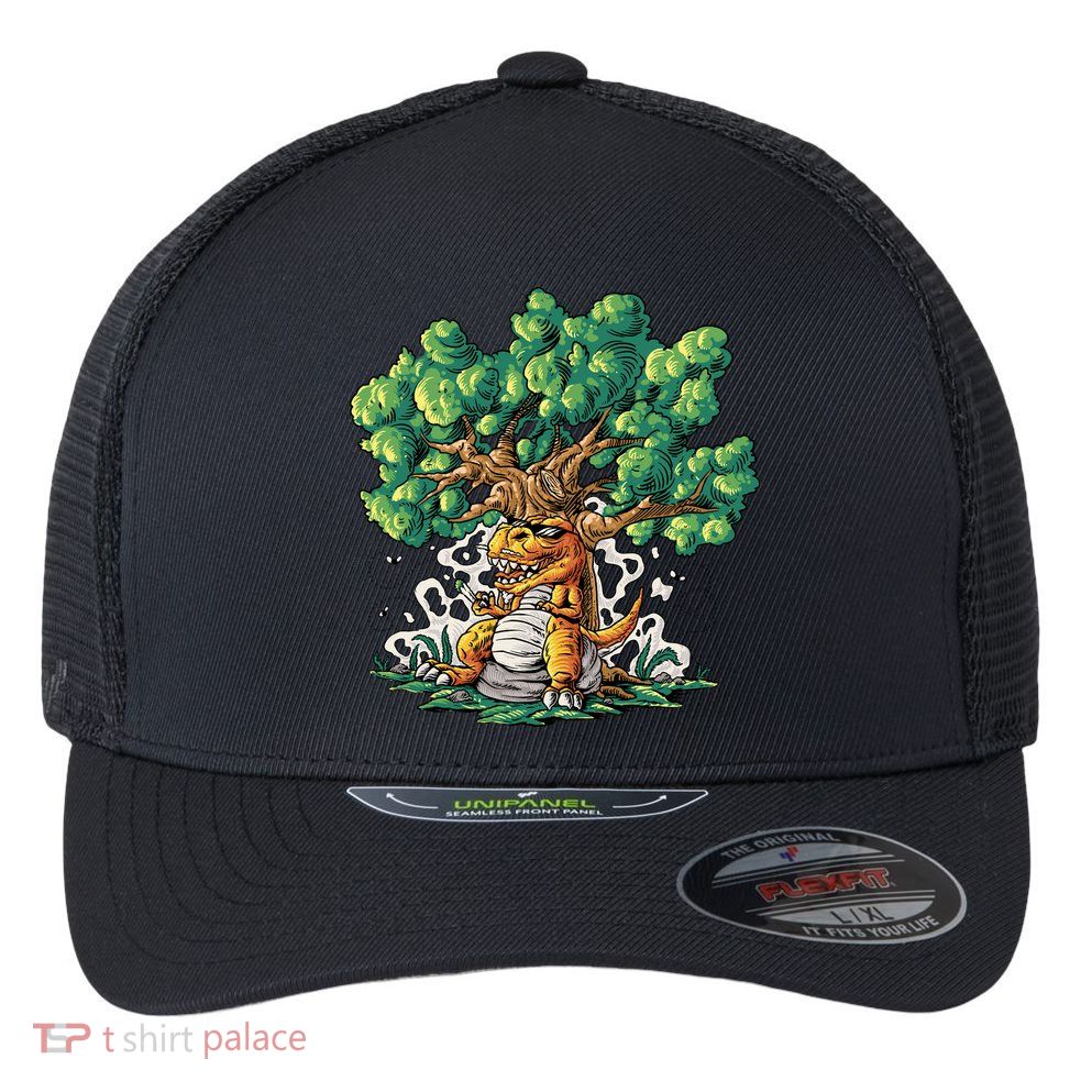 T Rex Smoking Joint Under A Tree Flexfit Unipanel Trucker Cap