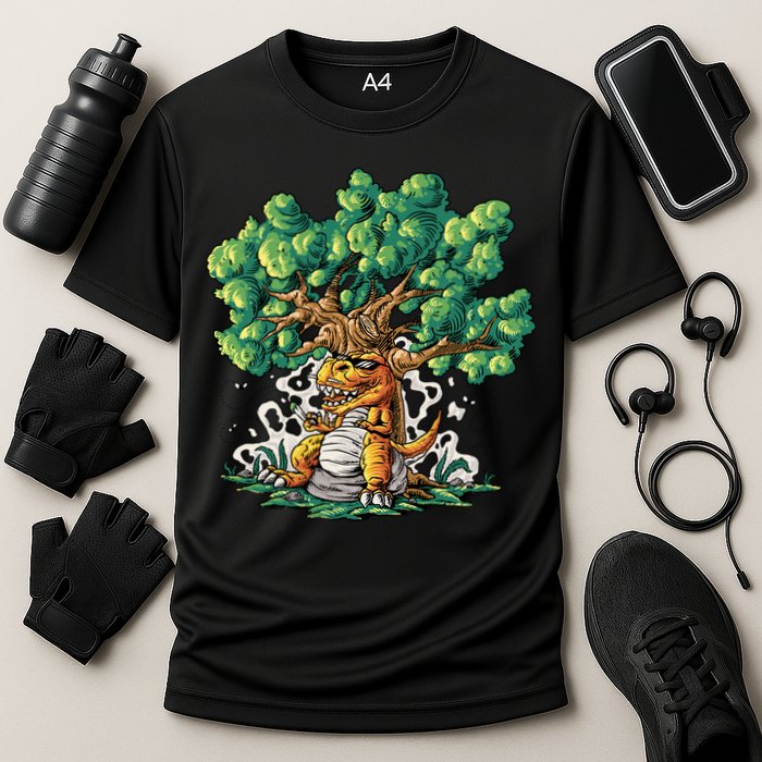 T Rex Smoking Joint Under A Tree Performance Shirt