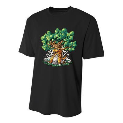 T Rex Smoking Joint Under A Tree Youth Performance Sprint T-Shirt