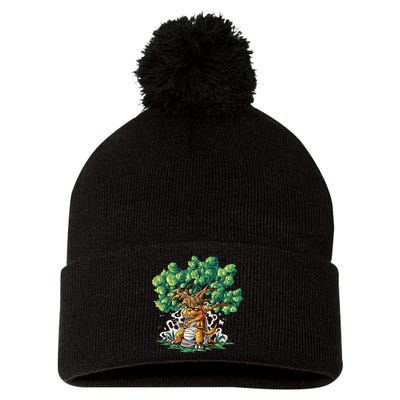 T Rex Smoking Joint Under A Tree Pom Pom 12in Knit Beanie