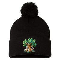 T Rex Smoking Joint Under A Tree Pom Pom 12in Knit Beanie
